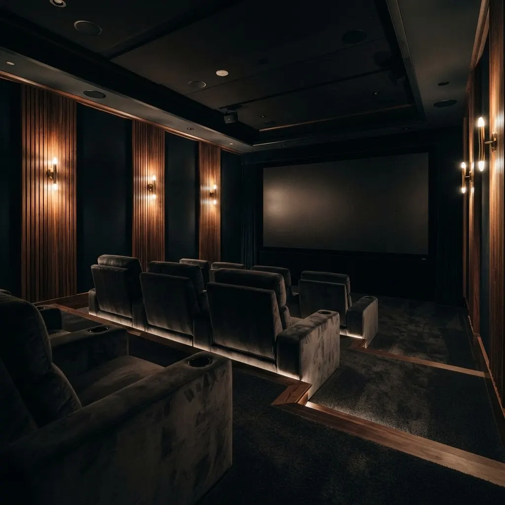 Private home cinema with walnut acoustic panels and warm sconce lighting