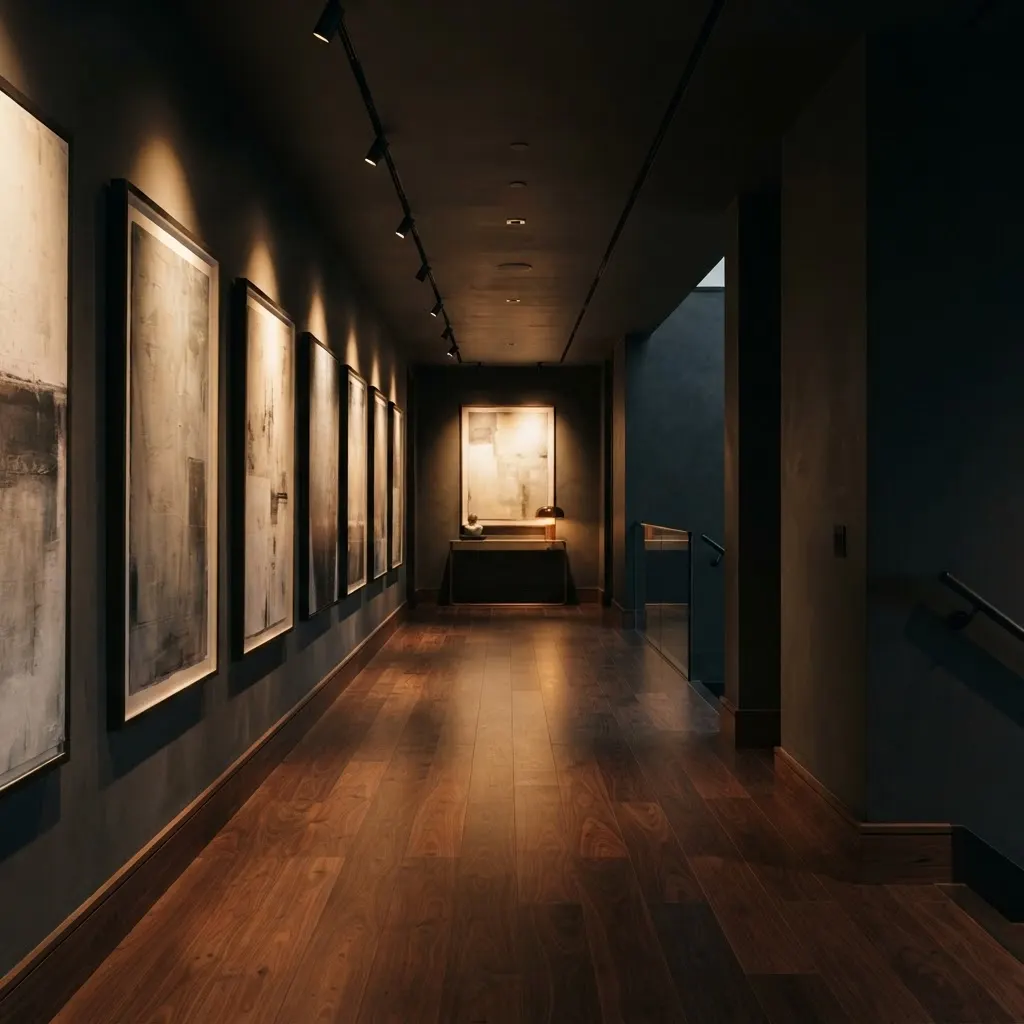 Gallery hallway with precise warm accent lighting washing the art